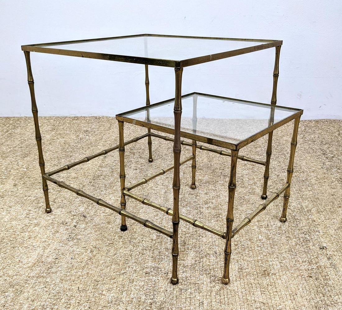 Bagues Style 2pc Nesting Tables. Faux bamboo brass.: Bagues Style 2pc Nesting Tables. Faux bamboo brass. Inset Glass. -- Dimensions: H: 19 inches: W: 19 inches: D: 19 inches ---