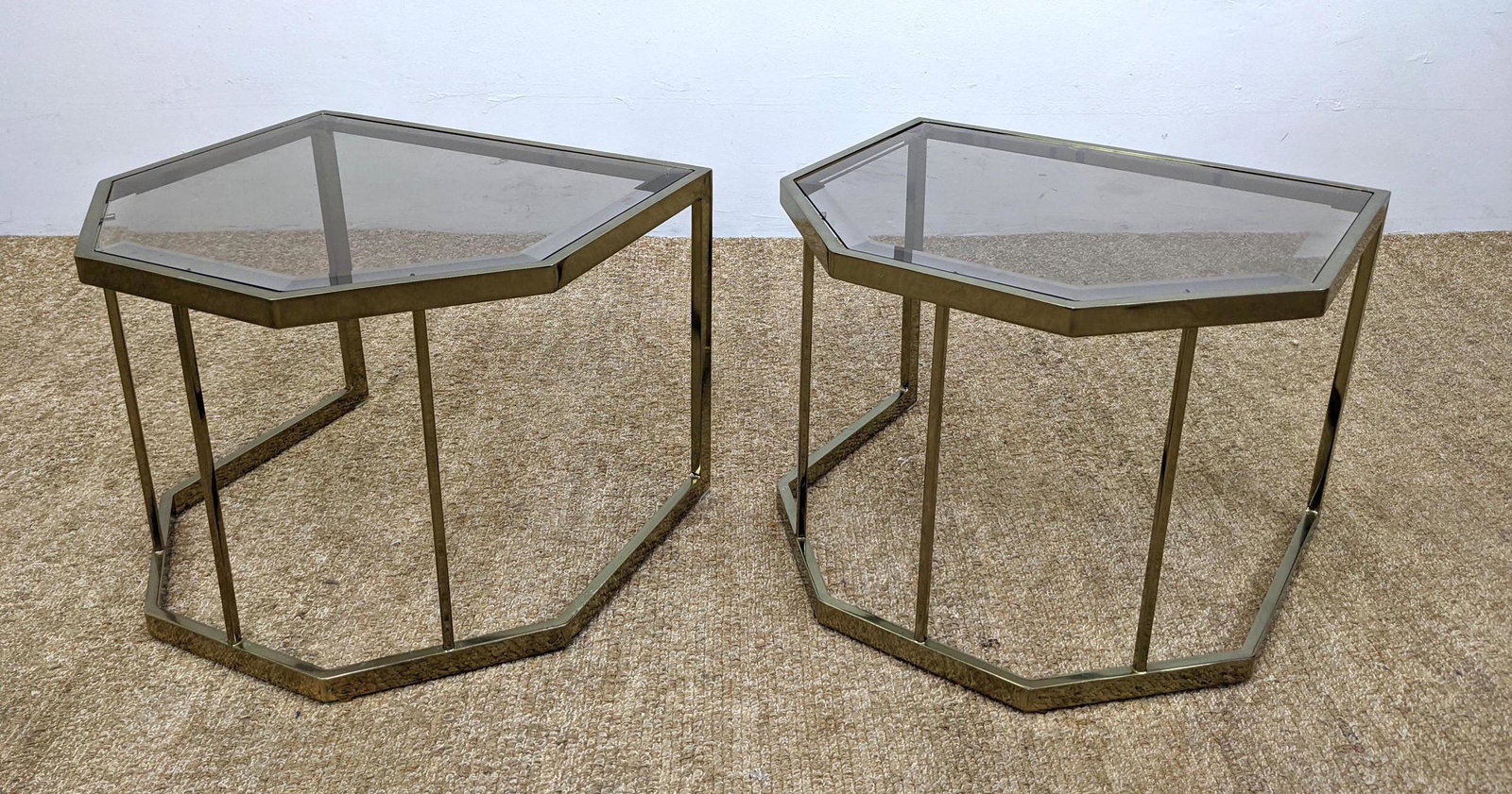 2pc Modernist Brass Tone Table. Can be together for co: 2pc Modernist Brass Tone Table. Can be together for coffee table or separate for side tables. Beveled glass.-- Dimensions: H: 15 inches: W: 20 inches: D: 18 inches ---