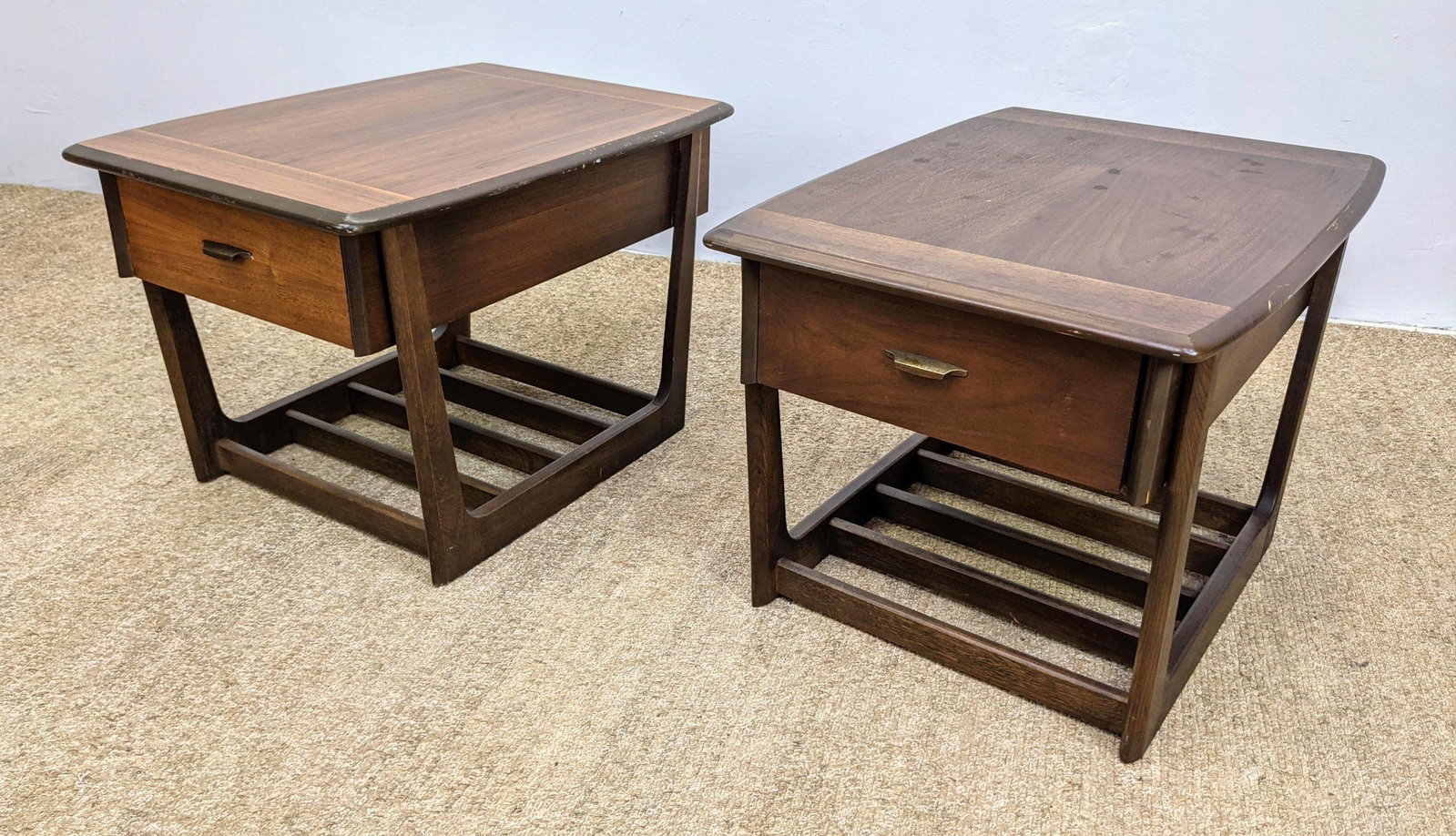 2pc Modernist One Drawer Side End Tables. American Mode: 2pc Modernist One Drawer Side End Tables. American Modern Walnut. Slat Base.-- Dimensions: H: 20 inches: W: 22 inches: D: 30 inches ---
