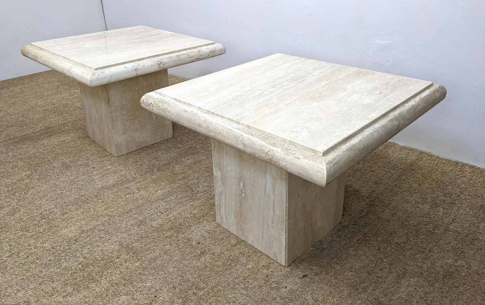 Square Travertine Side End Tables. Square column traver: Square Travertine Side End Tables. Square column travertine marble bases. -- Dimensions: H: 22.5 inches: W: 30.5 inches: D: 30.5 inches ---