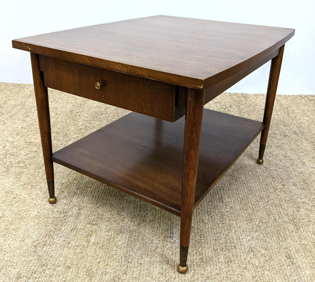 American Modern Walnut Side End Table. Metal capped fee: American Modern Walnut Side End Table. Metal capped feet. -- Dimensions: H: 20 inches: W: 22 inches: D: 28 inches ---