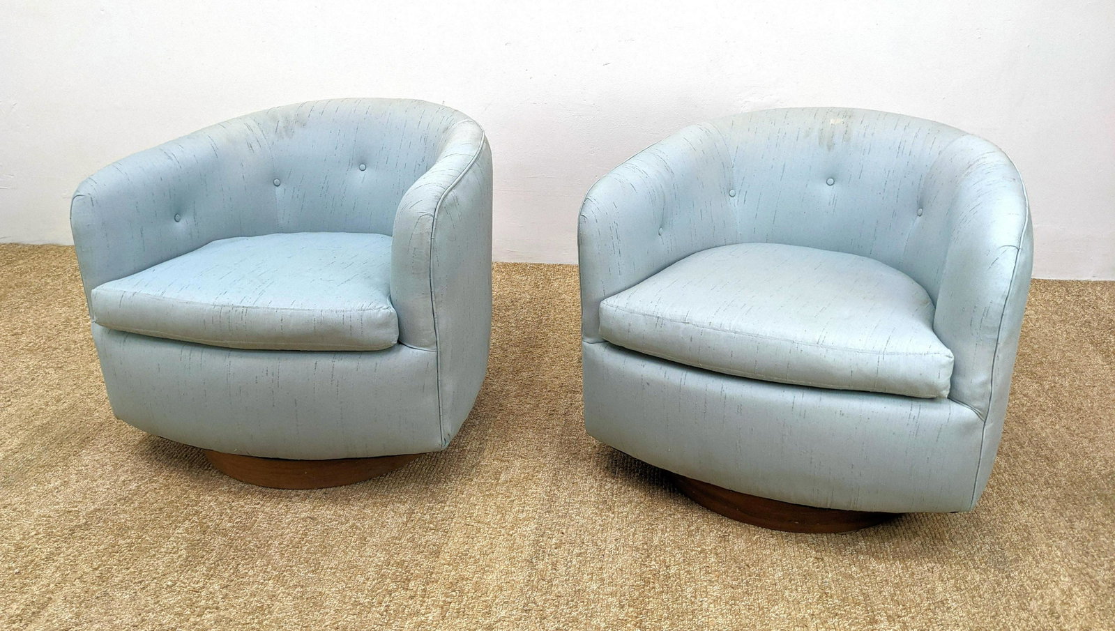 Pr Milo Baughman Swivel Lounge Chairs. Light Blue Uphol: Pr Milo Baughman Swivel Lounge Chairs. Light Blue Upholstery. Round swivel base-- Dimensions: H: 25.5 inches: W: 30 inches: D: 30 inches ---