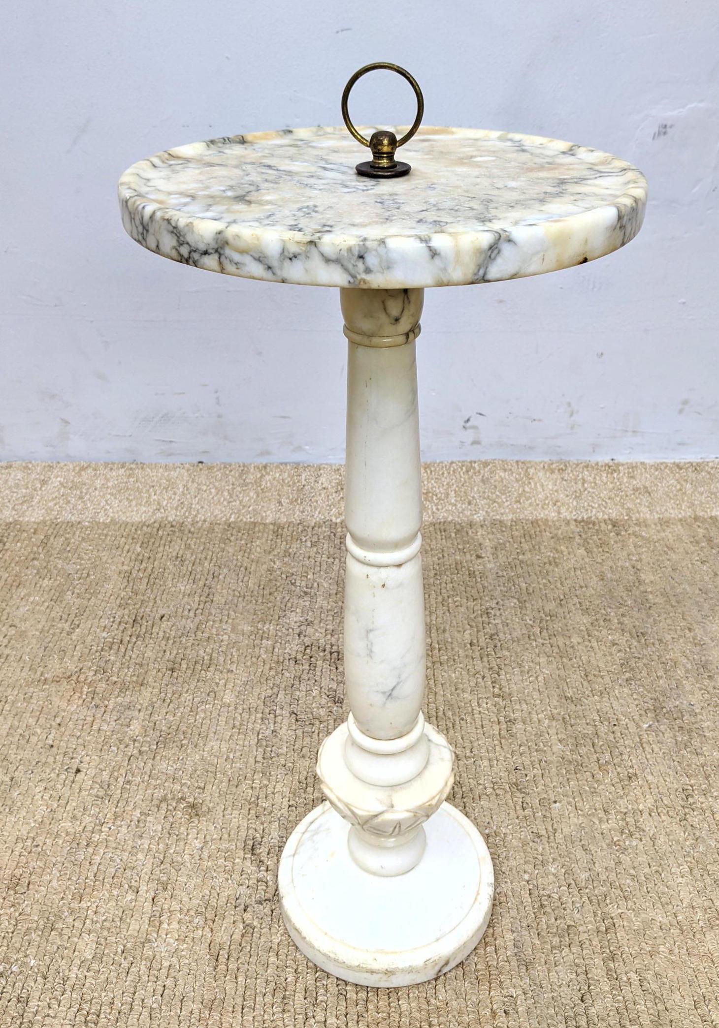 Vintage Marble Round Top Pedestal Base Stand Table. Met: Vintage Marble Round Top Pedestal Base Stand Table. Metal Ring Detail. -- Dimensions: H: 27 inches: W: 12 inches: D: 12 inches ---
