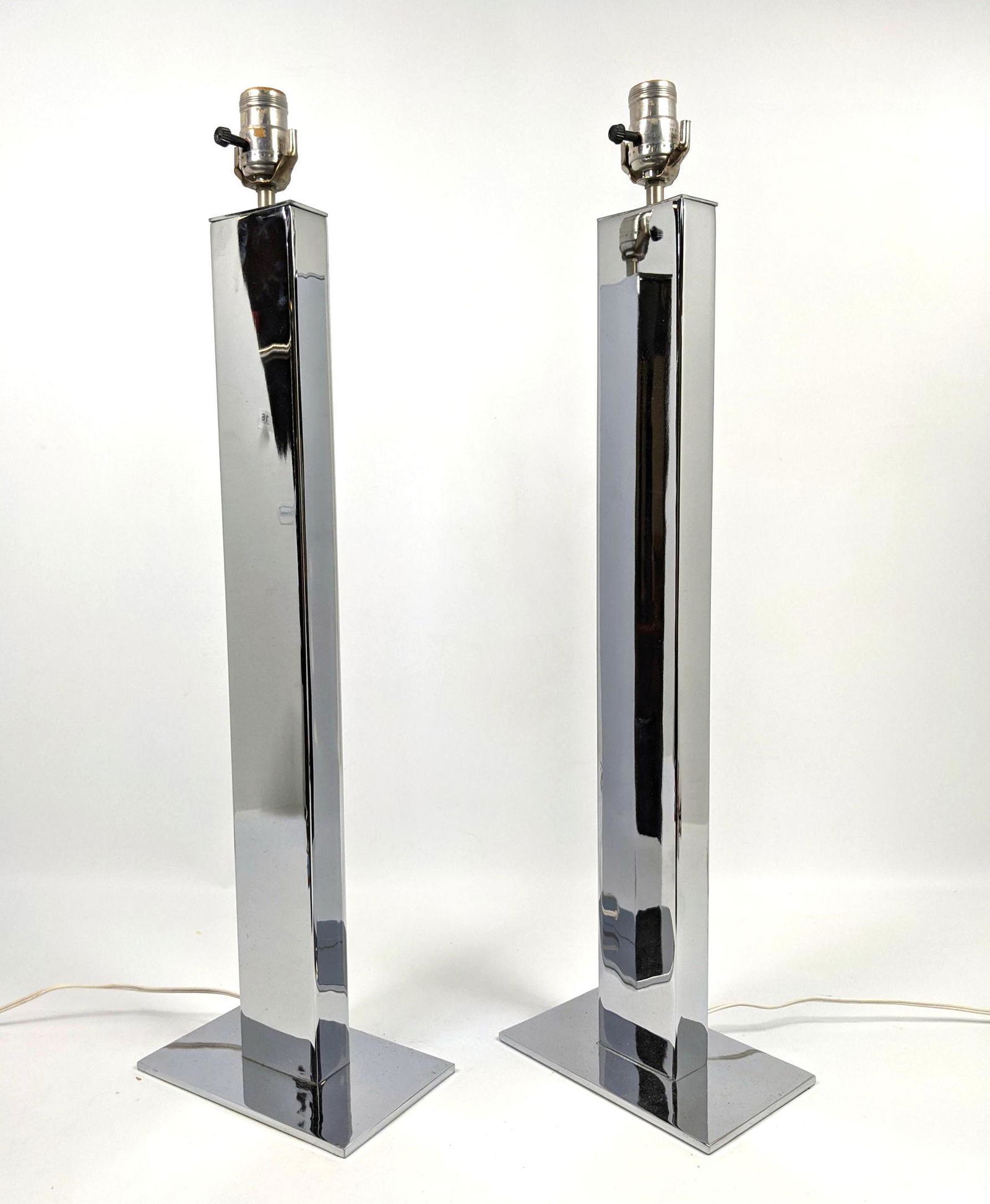 Pr KOVACS Chrome Column Table Lamps. Paper label.: Pr KOVACS Chrome Column Table Lamps. Paper label. -- Dimensions: H: 27.5 inches: W: 8 inches: D: 5 inches ---