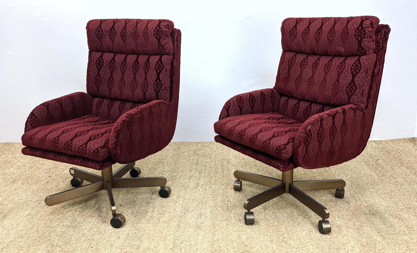 Pr DUNBAR Executive Rolling Office Desk Chairs. Pattern: Pr DUNBAR Executive Rolling Office Desk Chairs. Patterned burgundy fabric. Attribution Unmarked.-- Dimensions: H: 40.5 inches: W: 25 inches: D: 29 inches ---