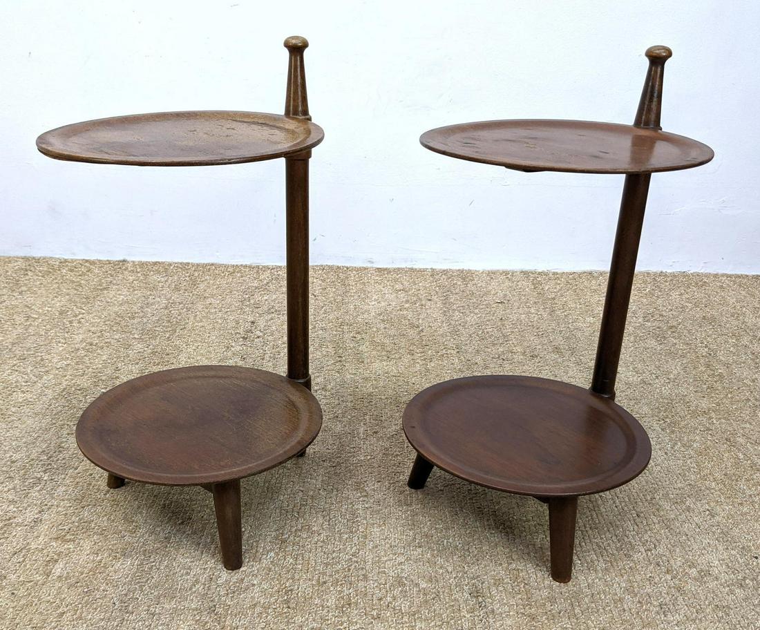 Pr Modernist Two Tier Wood Stands. Three feet. Drink S: Pr Modernist Two Tier Wood Stands. Three feet. Drink Stand. Jean Royere Style. -- Dimensions: H: 24 inches: W: 13 inches: D: 14.5 inches ---