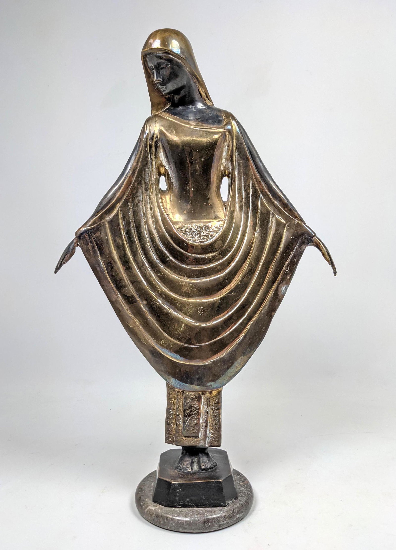 Brass Art Deco Sculpture of Woman with head covering an: Brass Art Deco Sculpture of Woman with head covering and draped garment. Stone base. -- Dimensions: H: 20.75 inches: W: 12.5 inches: D: 5 inches ---