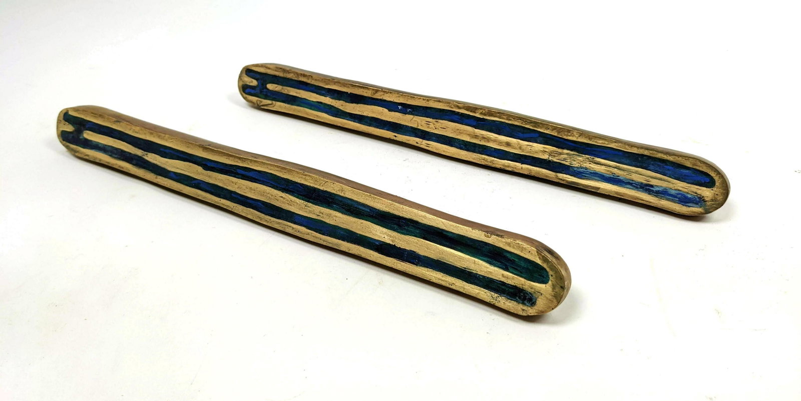 Pair Stamped Mendoza Brass and Enamel Door Handles.: Pair Stamped Mendoza Brass and Enamel Door Handles. -- Dimensions: H: 1.75 inches: W: 14 inches: D: 1.5 inches ---