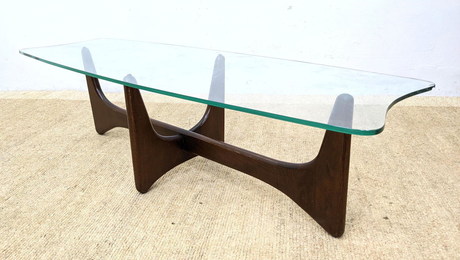 Adrian Pearsall Glass Top Cocktail Coffee Table. Americ: Adrian Pearsall Glass Top Cocktail Coffee Table. American Modernist Design. Frame needs tightening. -- Dimensions: H: 16 inches: W: 60 inches: D: 20 inches ---