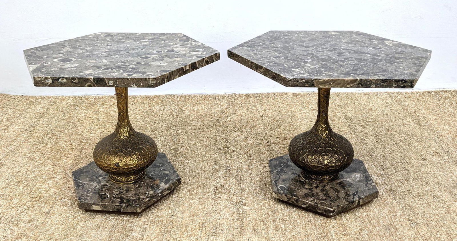 Pr Fossil Stone Hexagonal Side Tables. Textured Metal P: Pr Fossil Stone Hexagonal Side Tables. Textured Metal Pedestal Bases. -- Dimensions: H: 15.25 inches: W: 17 inches: D: 17 inches ---