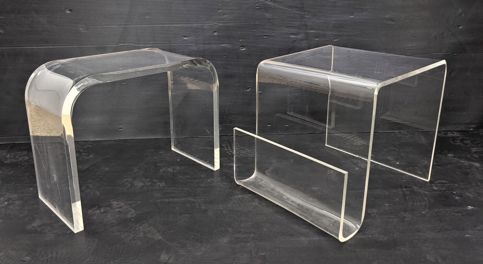 2pcs Lucite Acrylic Tables. 1 with Magazine side.: 2pcs Lucite Acrylic Tables. 1 with Magazine side. -- Dimensions: H: 16 inches: W: 21 inches: D: 10 inches ---