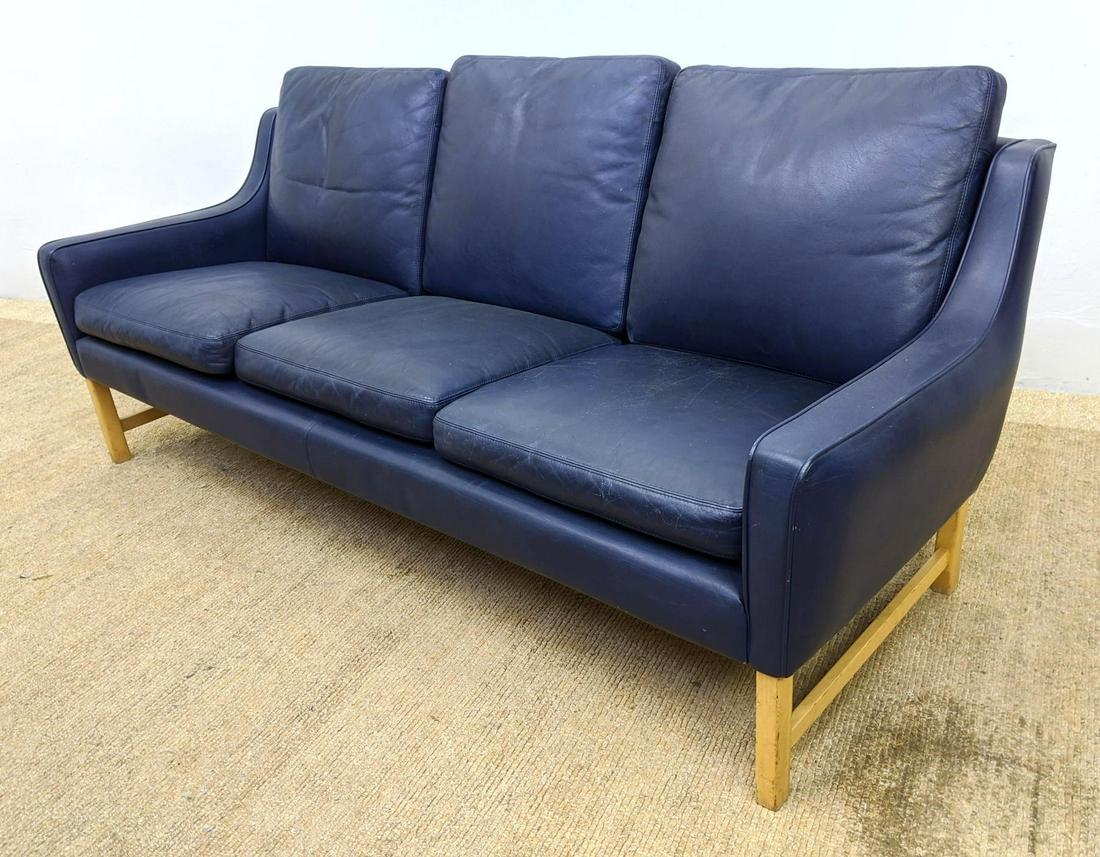 VATNE MOBLER Blue Leather Three Seater Sofa Couch. Squa: VATNE MOBLER Blue Leather Three Seater Sofa Couch. Square Blond Wood Frame.-- Dimensions: H: 31 inches: W: 73 inches: D: 29 inches ---