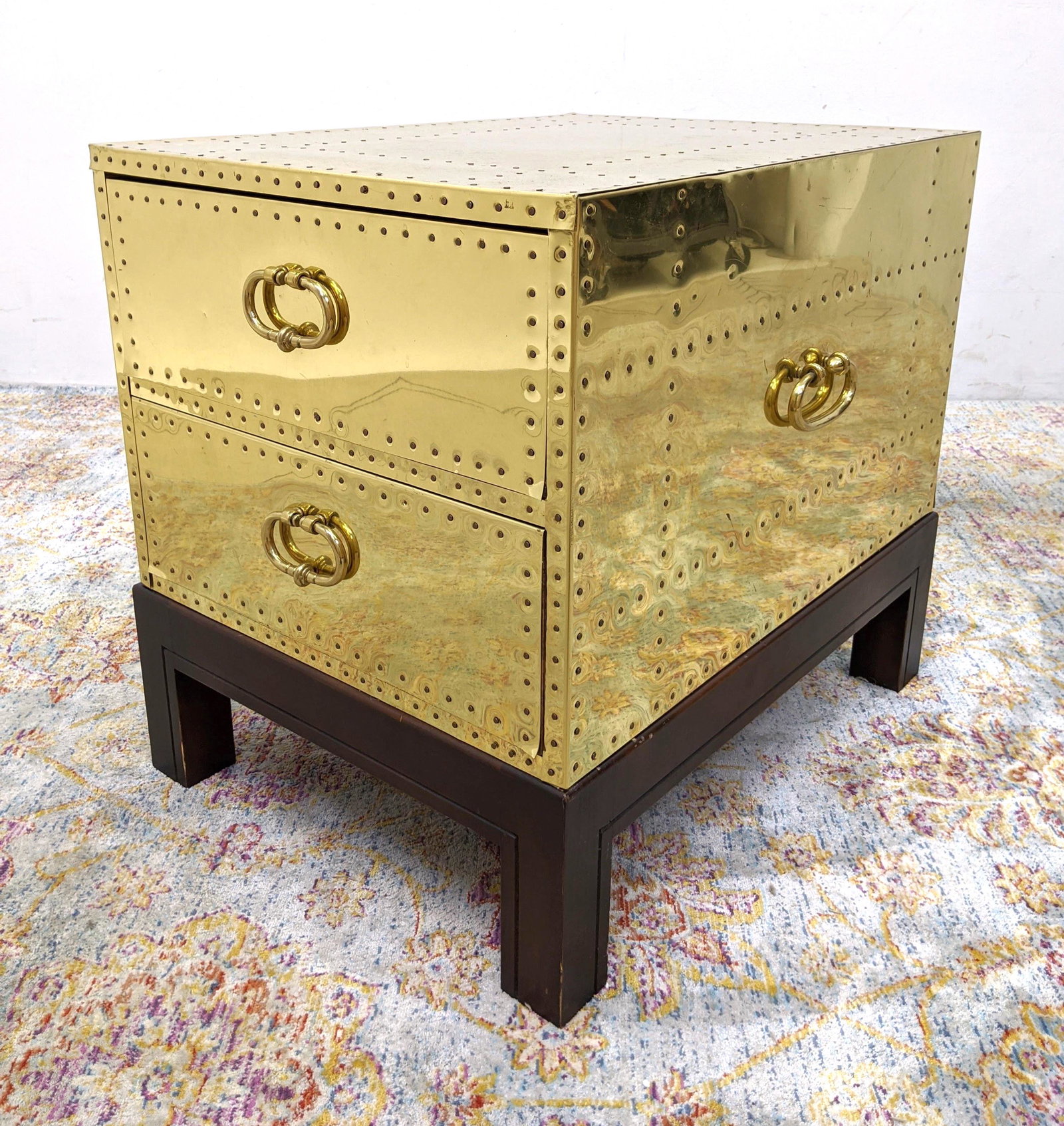 SARREID Brass Clad 2 Drawer Stand Side Cabinet. Sits on: SARREID Brass Clad 2 Drawer Stand Side Cabinet. Sits on wood base. -- Dimensions: H: 24 inches: W: 20 inches: D: 26 inches ---