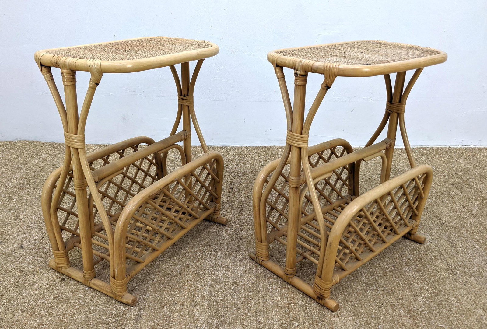 Pr Woven Top Bamboo Side Tables. Each with Lower magazi: Pr Woven Top Bamboo Side Tables. Each with Lower magazine rack. -- Dimensions: H: 23 inches: W: 18.5 inches: D: 12 inches ---