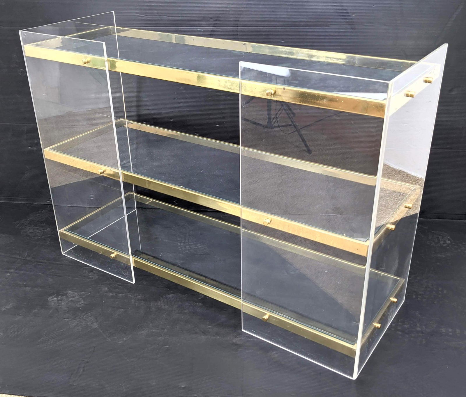 Three Tier Lucite Shelf Display Unit. Gold Tone band tr (1 of 13)