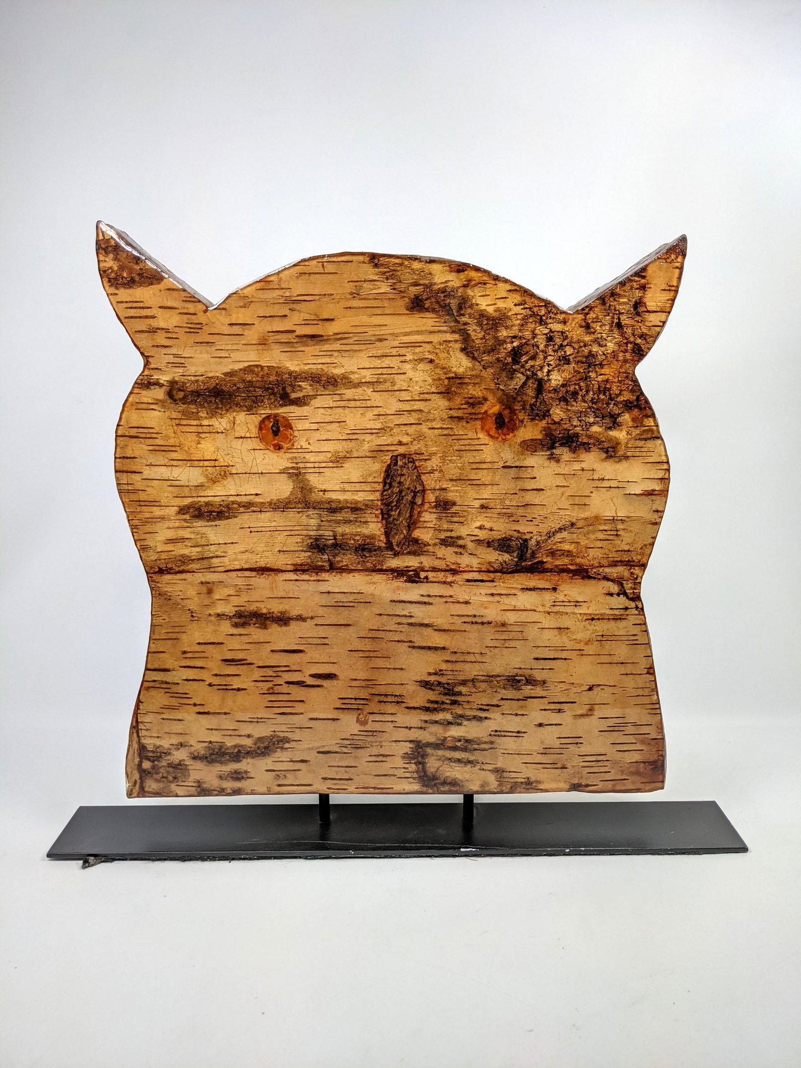 Birch Bark Wood Owl Head Figure. On metal Stand. Signed: Birch Bark Wood Owl Head Figure. On metal Stand. Signed RIMB ???-- Dimensions: H: 27 inches: W: 31 inches: D: 4 inches ---