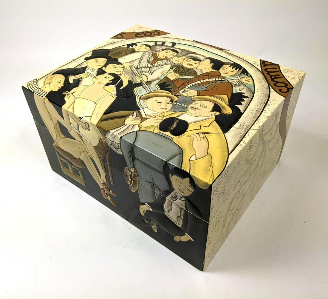 La Belle Night of The Rich Tobacco Humidor Box. Carved: La Belle Night of The Rich Tobacco Humidor Box. Carved lacquered box. -- Dimensions: H: 10 inches: W: 12 inches: D: 7 inches ---