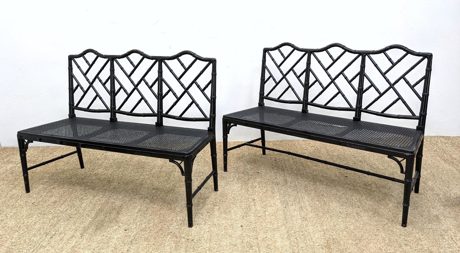 Pair Faux Bamboo Settee Benches.  Cane Seat.  Ebonized. (1 of 16)