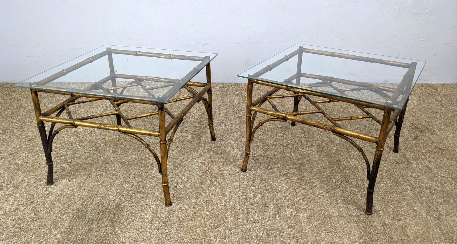 Pair Gilt Iron Faux Bamboo Side Tables.  Glass Tops. (1 of 8)