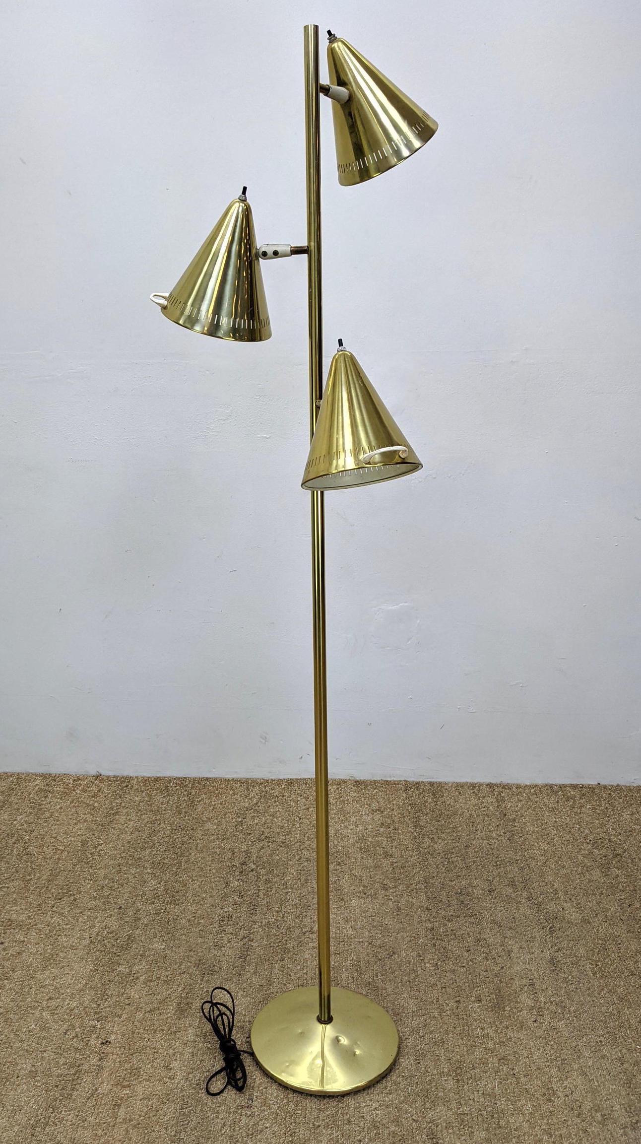 Lightolier Style Gold Tone Floor Lamp with Cone Shades.: Lightolier Style Gold Tone Floor Lamp with Cone Shades. Handles on shades.-- Dimensions: H: 68 inches: W: 20 inches: D: 20 inches ---