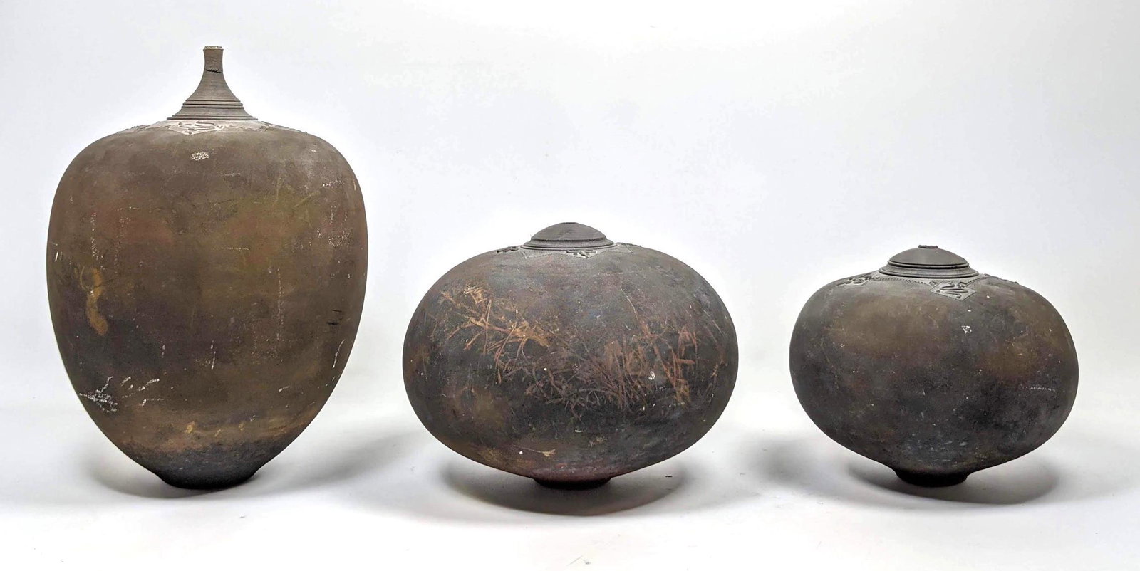 3pcs Matte Fired Pottery Vases.  Signed. Decorated arou (1 of 19)