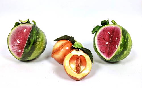 3pc KATHERINE HOUSTON Figural Porcelain Fruit Sculpture: 3pc KATHERINE HOUSTON Figural Porcelain Fruit Sculptures. KHO. Two Watermelon and one double peach sculpture. Signed and dated (from the 90's)-- Dimensions: H: 5 inches: W: 4.5 inches: D: 5 inches ---