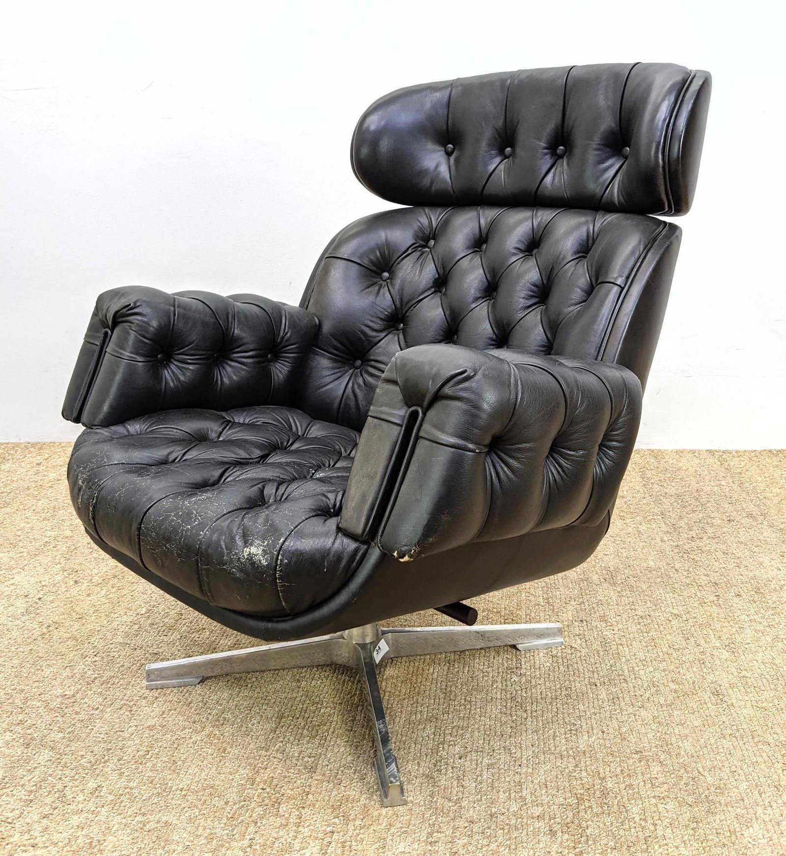 Tufted Black Leather Tall Back Swivel Lounge Chair. Ped (1 of 17)