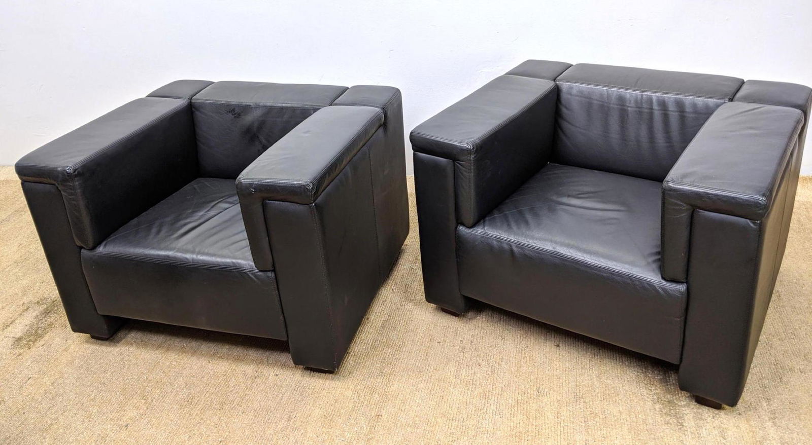 Pr MDC Black Leather Cube Form Club Lounge Chairs. Squa (1 of 10)