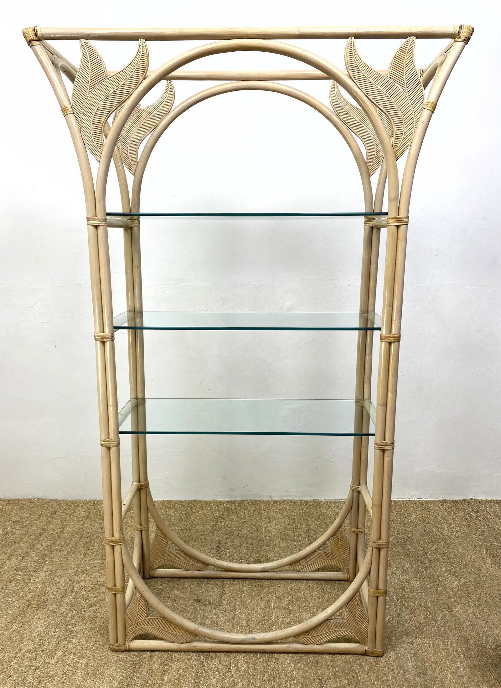 MCGUIRE Style Bamboo Decorator Etagere Shelf Unit. Arch: MCGUIRE Style Bamboo Decorator Etagere Shelf Unit. Arched Trim with wood leaf details. Glass Shelves.-- Dimensions: H: 80 inches: W: 50 inches: D: 18 inches ---