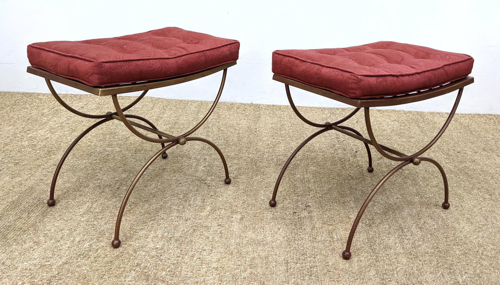 Pr Metal Upholstered Cushion seat Benches Stools.: Pr Metal Upholstered Cushion seat Benches Stools. -- Dimensions: ---