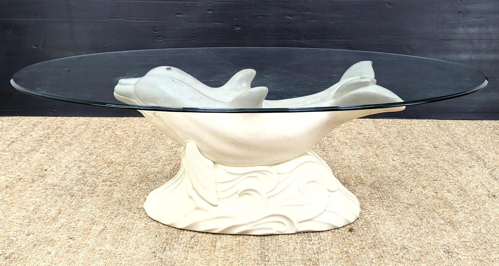 Molded Double Dolphin Base Glass Top Cocktail Table. Wh: Molded Double Dolphin Base Glass Top Cocktail Table. White Finish.-- Dimensions: H: 14.5 inches: W: 33 inches: D: 46 inches ---