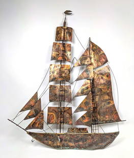 Copper and Mixed Metals Sailing Ship Wall Sculpture.: Copper and Mixed Metals Sailing Ship Wall Sculpture. -- Dimensions: H: 40.5 inches: W: 36 inches: D: 5 inches ---