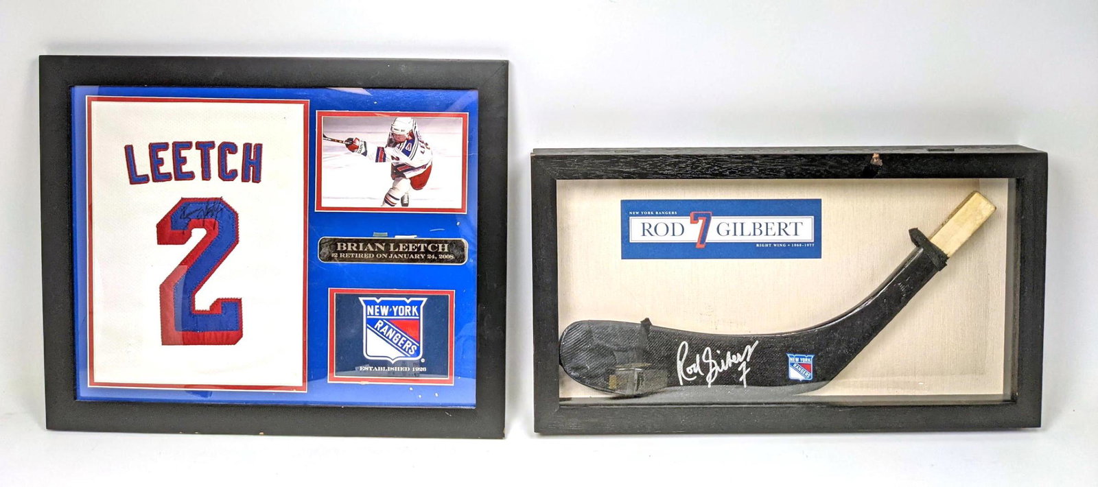 Ice Hockey Memorabilia. BRIAN LEETCH and ROD GILBERT.: Ice Hockey Memorabilia. BRIAN LEETCH and ROD GILBERT. NEW YORK RANGERS. Signed.-- Dimensions: H: 15 inches: W: 19 inches: D: .5 inches ---