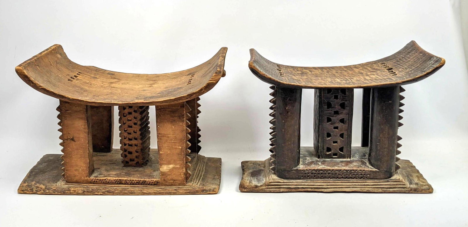 2pcs Primitive Tribal Carved Wood Benches Stools. (1 of 13)