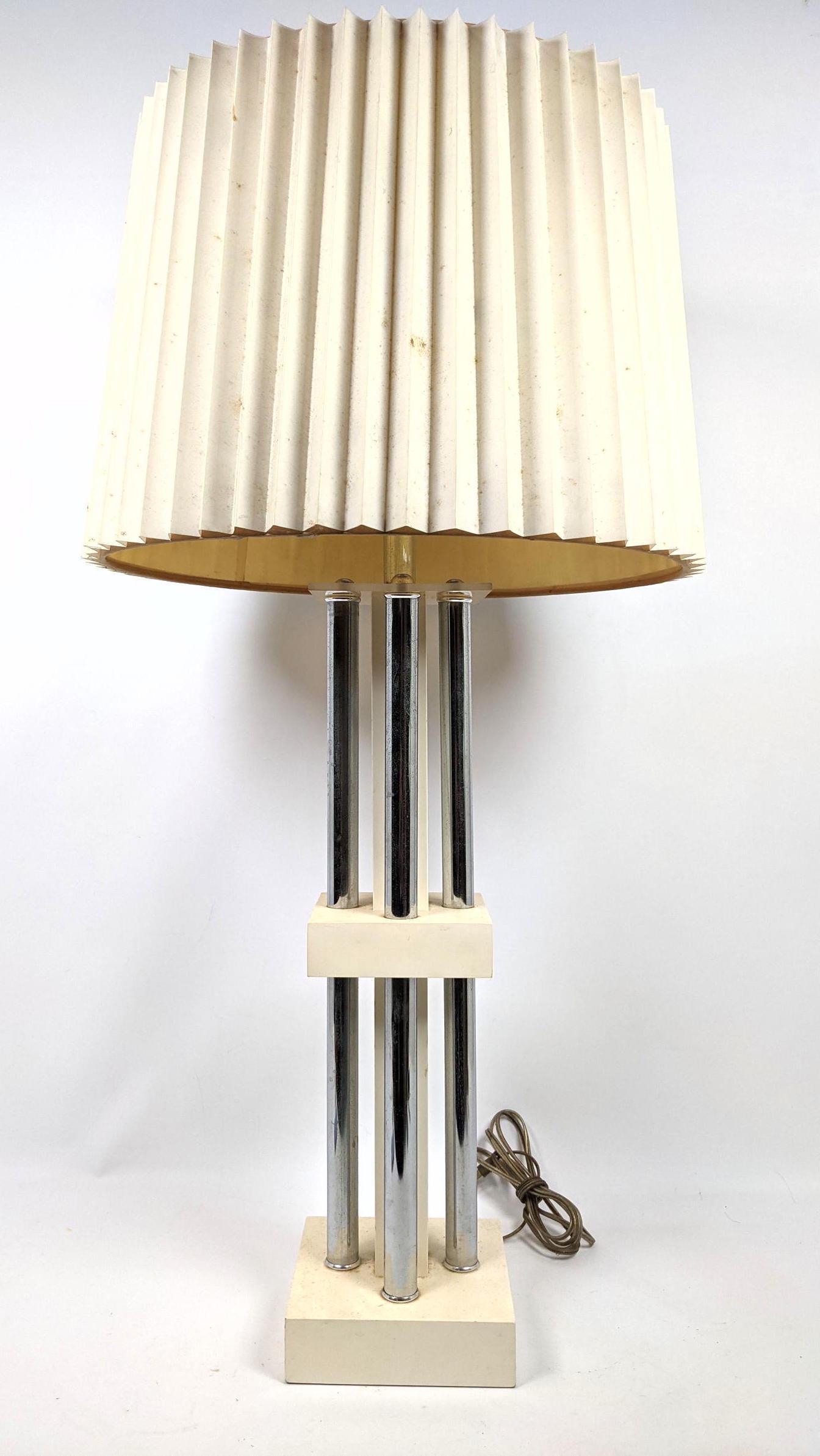 Modernist Chrome Tubes column Table lamp. Pleated shade (1 of 13)