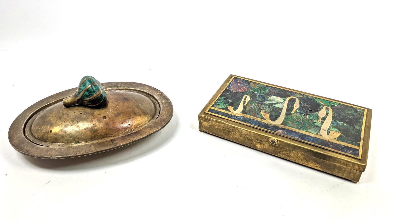 2pc Inlaid Bronze Modernist Lot. Lidded box with swans. (1 of 16)