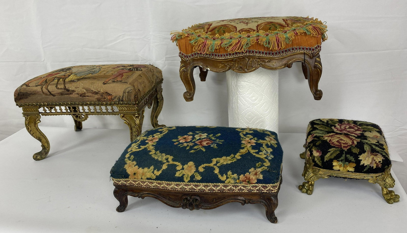 4pc Needlepoint & Tapestry Footstools. 2 have metal bas (1 of 11)