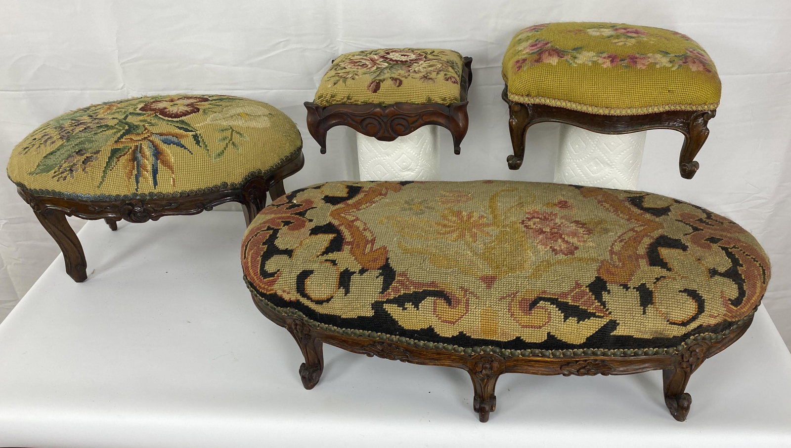 4pc French Needlepoint Footstools. Wood base. (1 of 13)