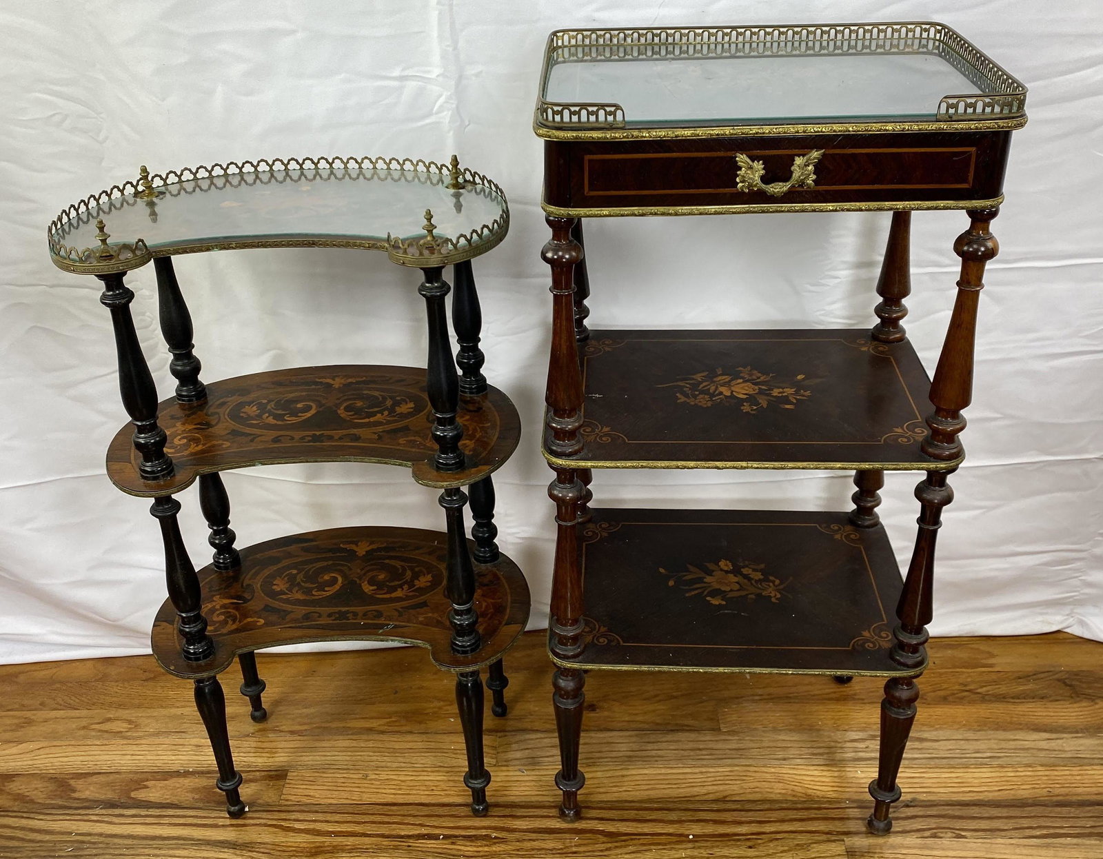 2pc 3 Tier Inlaid Stands with Gallery Tops,: 2pc 3 Tier Inlaid Stands with Gallery Tops,-- Dimensions: H: 34.25 inches: W: 16 inches: D: 12 inches ---