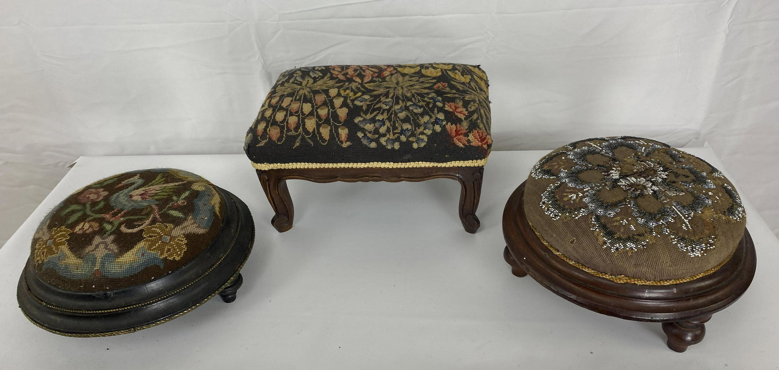 3pc Antique Needlepoint Footstools. (1 of 12)