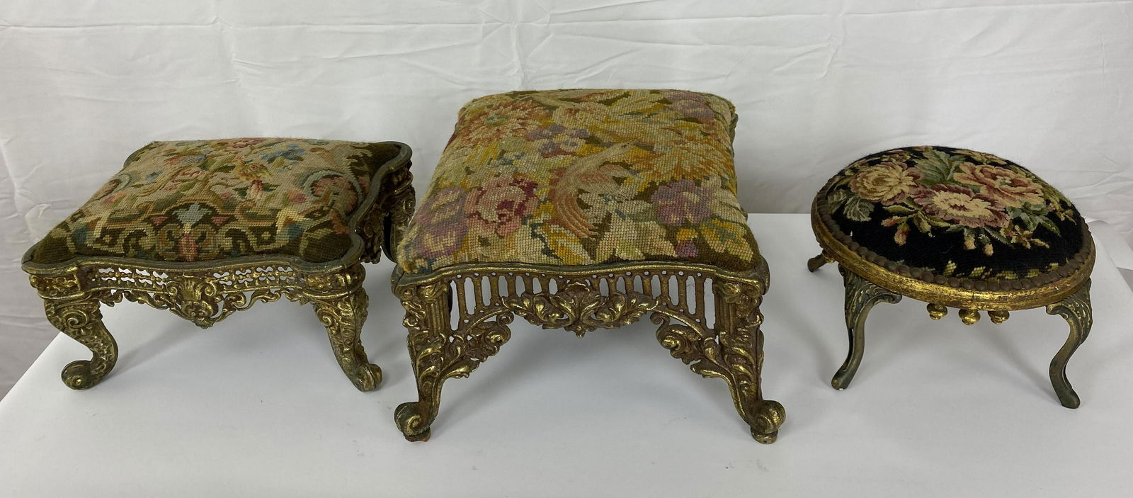 3pc Needlepoint Footstools with Metal Legs. (1 of 8)