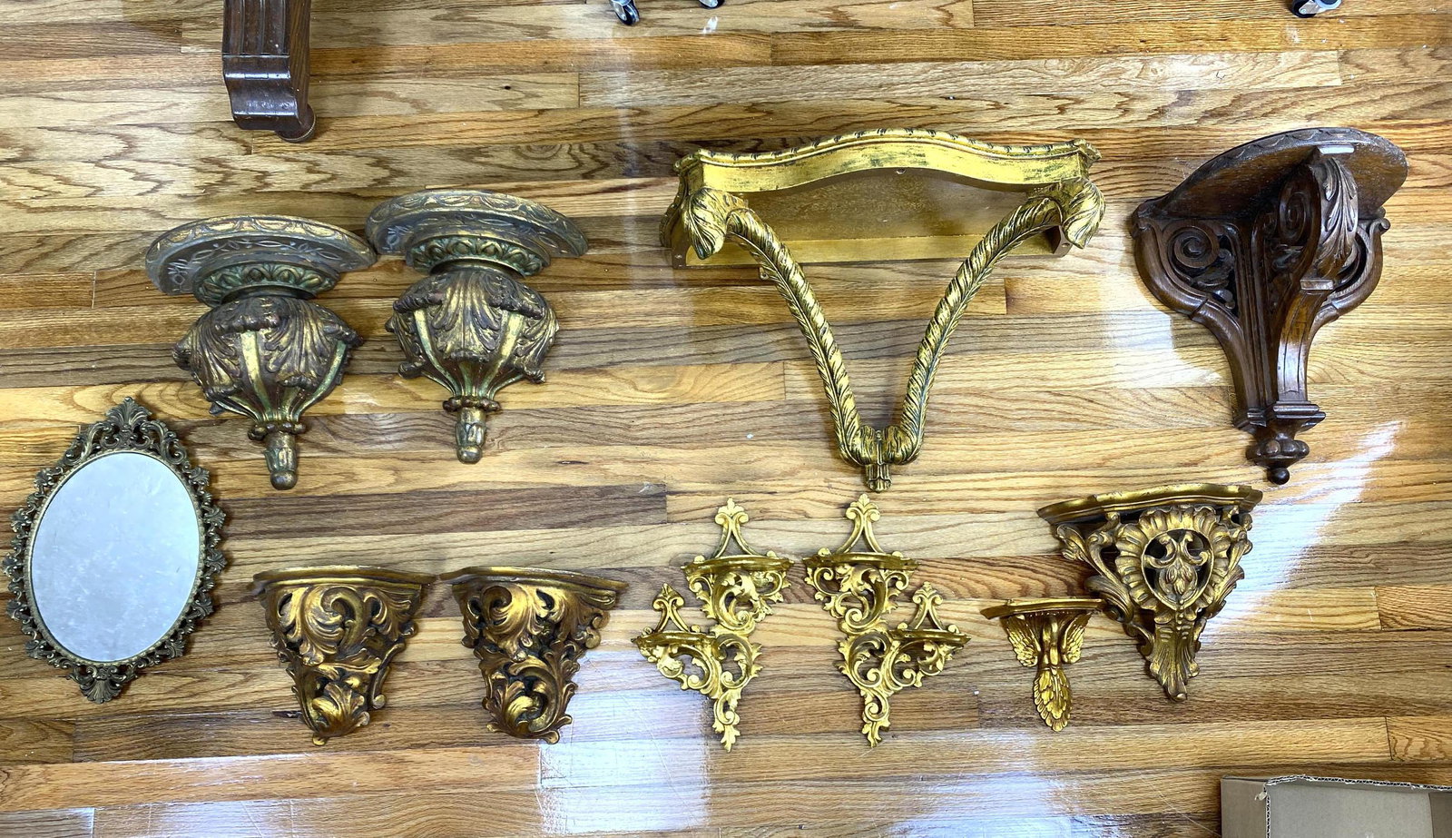 11pc Lot Wall Shelf Brackets & Mirror. Brackets are woo (1 of 12)