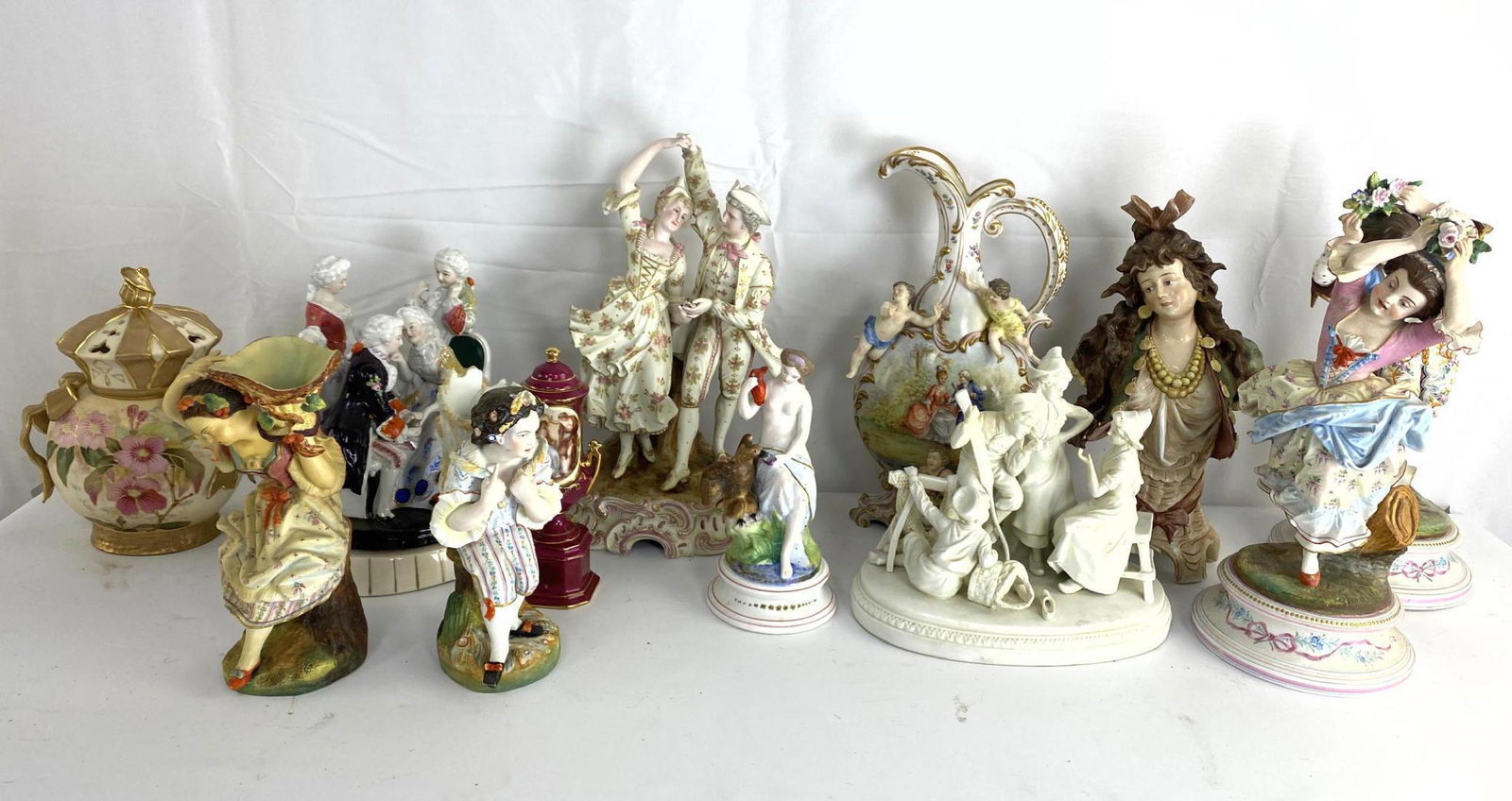 12pc Lot Porcelain Figures, Vases. Tall pitcher marked (1 of 20)