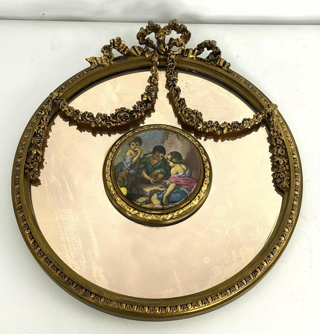 13 inch Round Gilt Carved Pink Mirror w Medallion. (1 of 10)