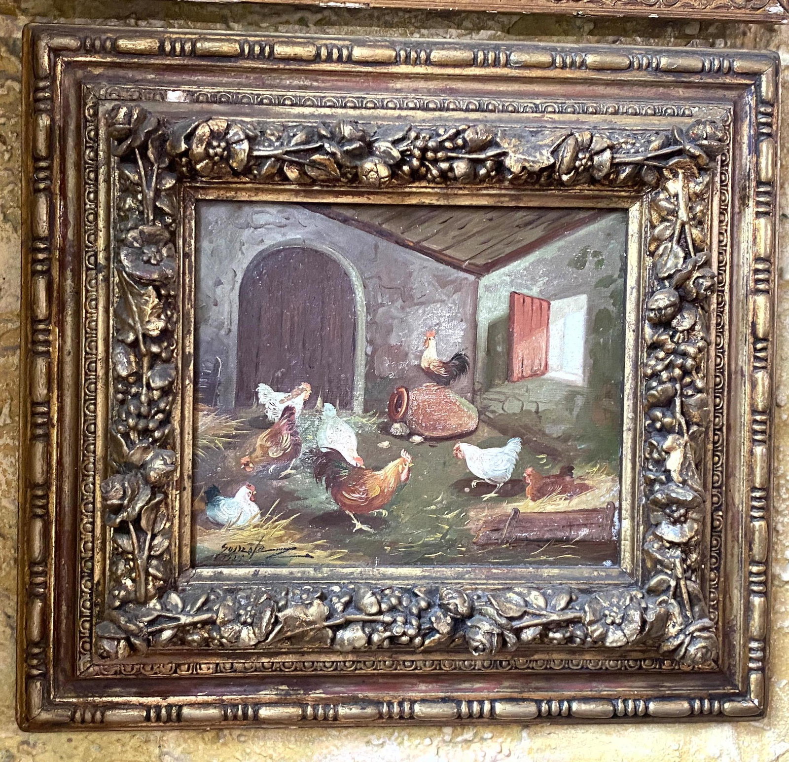 Oil Painting Roosters & Chickens. Signed Sandola? 1924. (1 of 10)