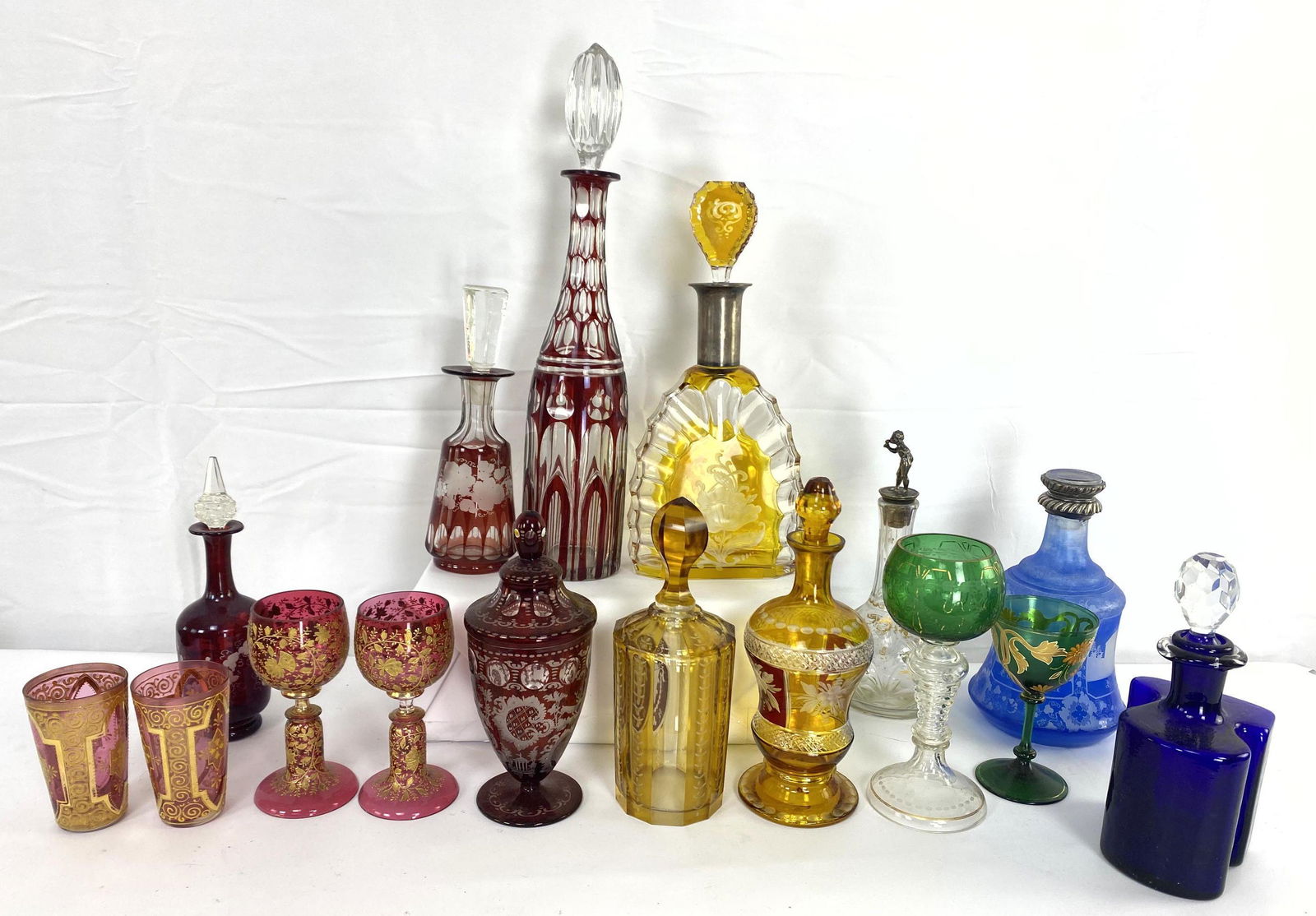 Lot of Colored  Glass Decanters and Glasses. (1 of 14)