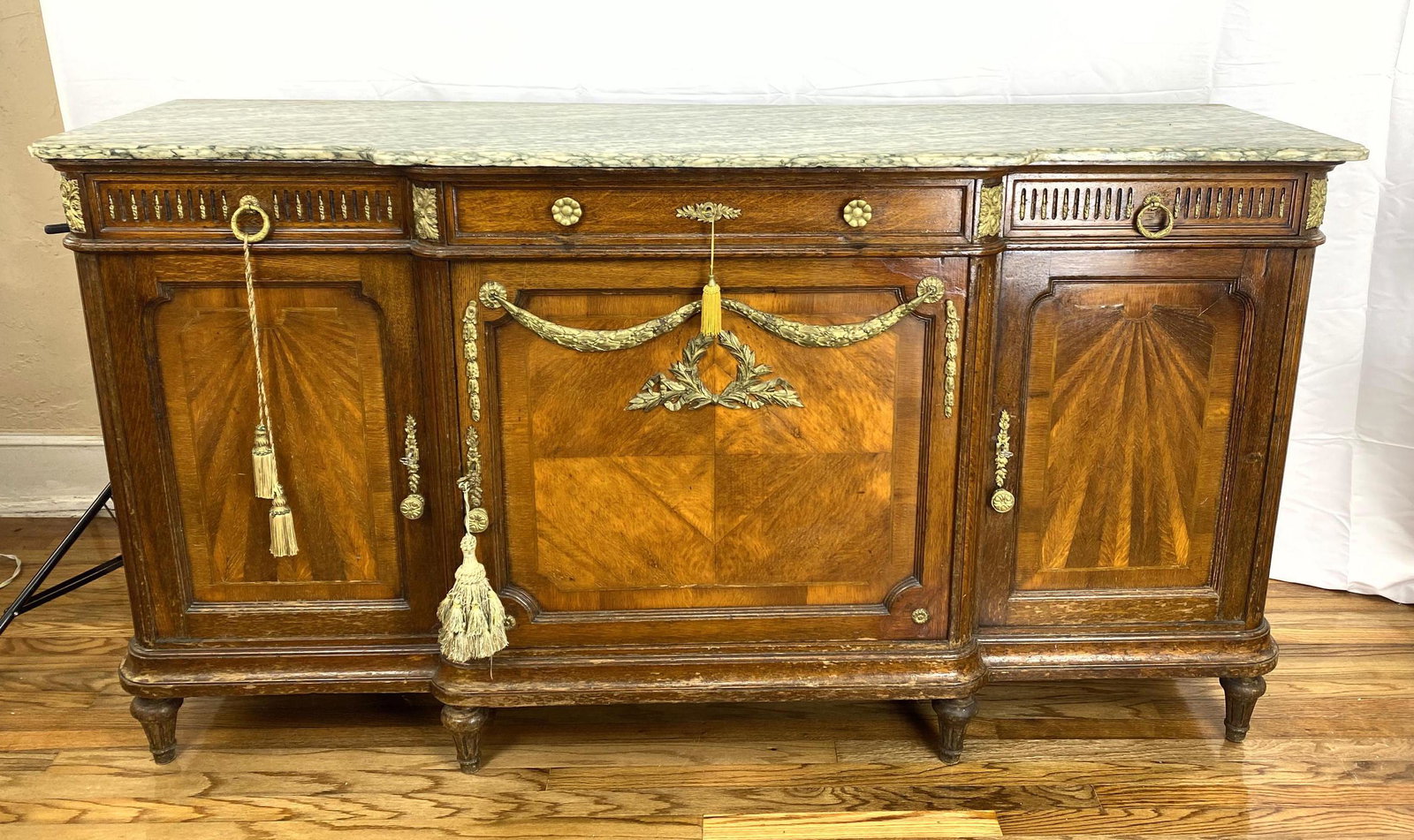 Carved Marble Top Buffet with Bronze Accents & Pulls. (1 of 15)