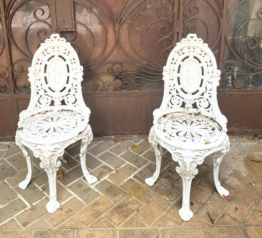 Pr Cast Iron Garden Chairs Figural Medallion Backs (1 of 8)