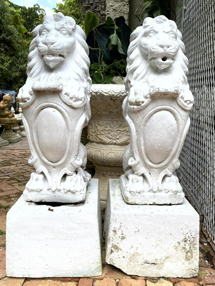 Pr Cement Lion Garden Statues on Bases. Height of lion (1 of 20)
