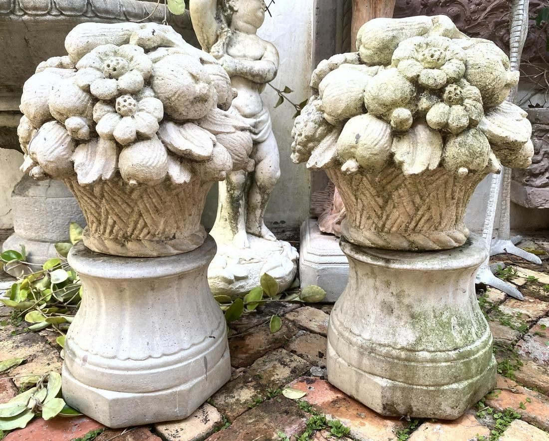 Pr Cement Garden Statuary Fruit Baskets on Pedestals (1 of 13)